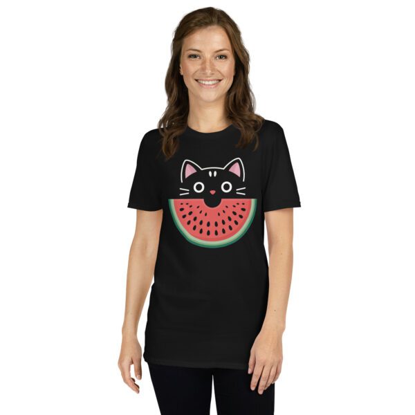 unisex-basic-softstyle-t-shirt-black-front-68f49525b7db4.jpg T-Shirt Süße Katze Melone Sommer Fun