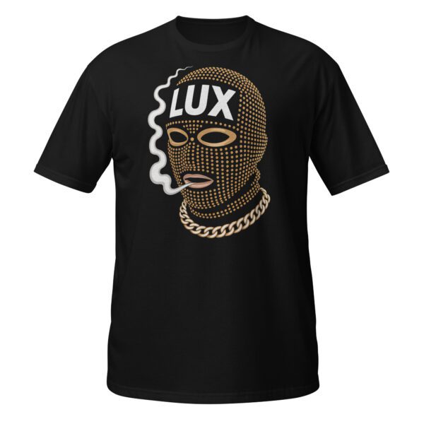 Schwarzes T-Shirt mit luxuriösem Masken-Design und Kette