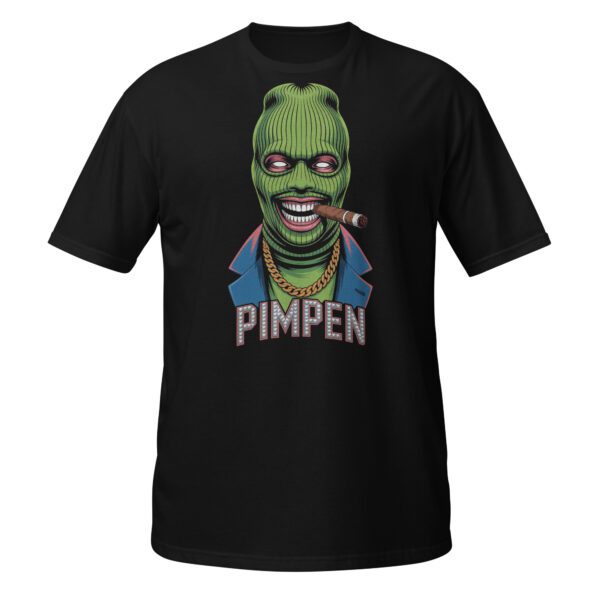 Schwarzes T-Shirt mit buntem Maskenmotiv und Schriftzug