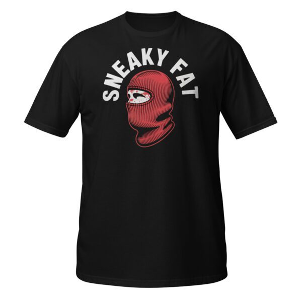 Schwarzes T-Shirt mit rotem Masken-Design und Aufdruck