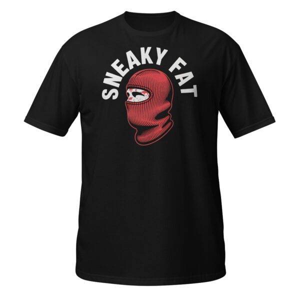 Schwarzes T-Shirt mit rotem Maskendesign und Text