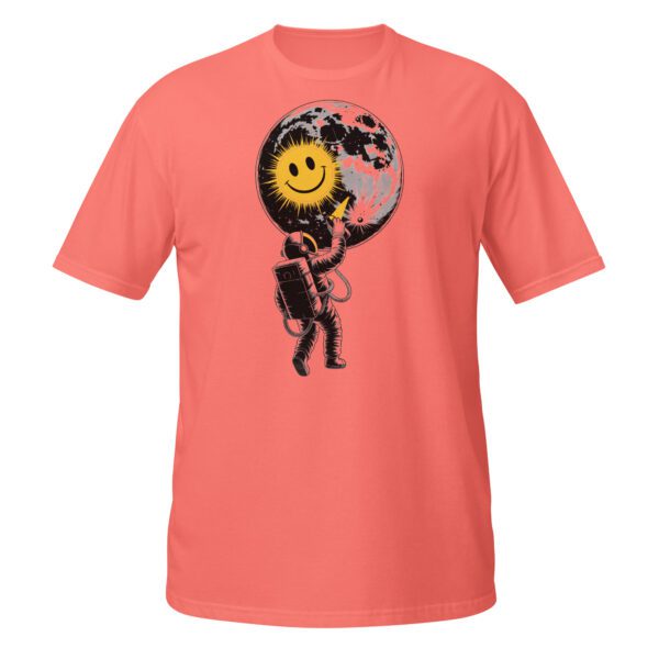 Korallenrotes T-Shirt mit Astronaut und Smiley-Mond Motiv